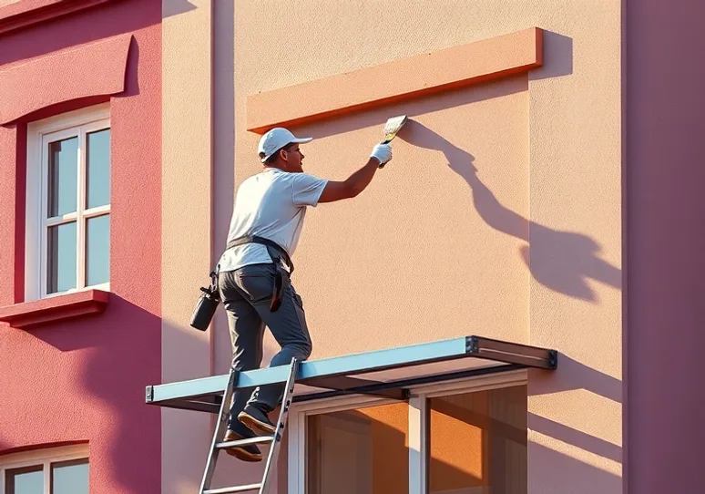 Peintre sur échafaudage traitant la façade d'une maison